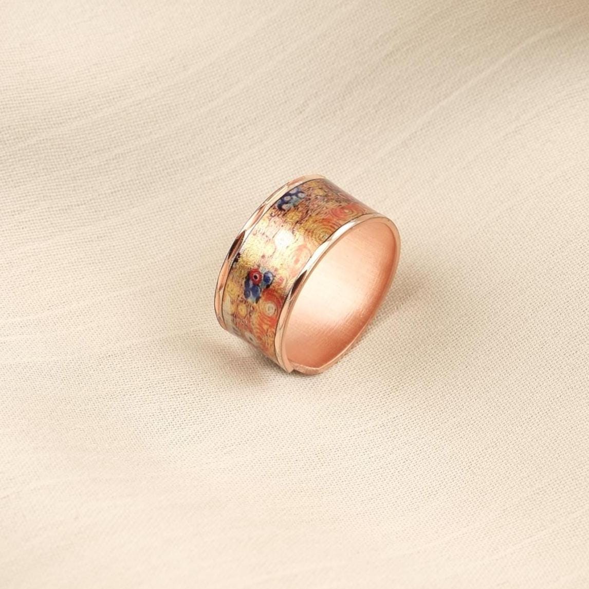 Gustav Klimt "The Kiss" Ring in Pure Copper, Artistic Adjustable Band | Handmade Antique Looking Vintage Style Jewelry Gift for Art Lovers
