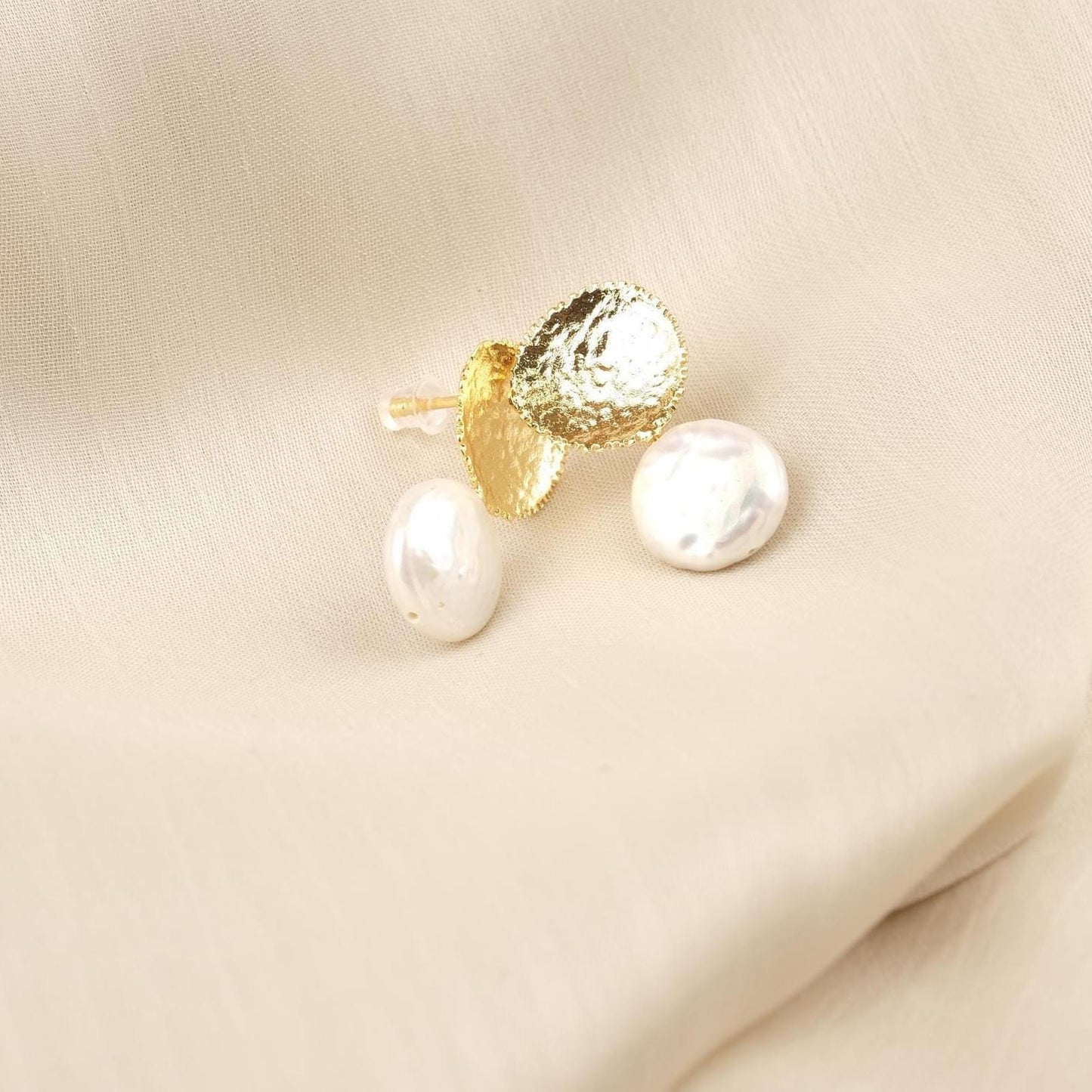Handmade Gold Plated Stud Earrings with Genuine Freshwater Pearl, Antique Looking Dome Design, Elegant Artistic Minimal Jewelry Gift for her