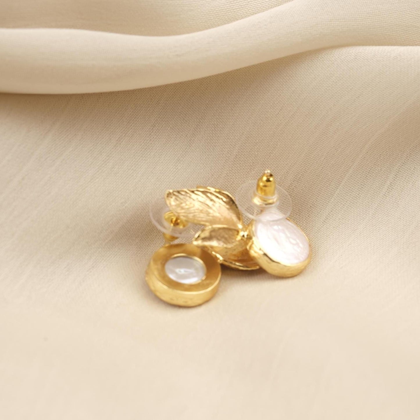Handmade Genuine Pearl Stud Earrings, Gold Plated Leaf Design, Artistic Nature-Inspired Jewelry for Women, Elegant Lightweight Statement