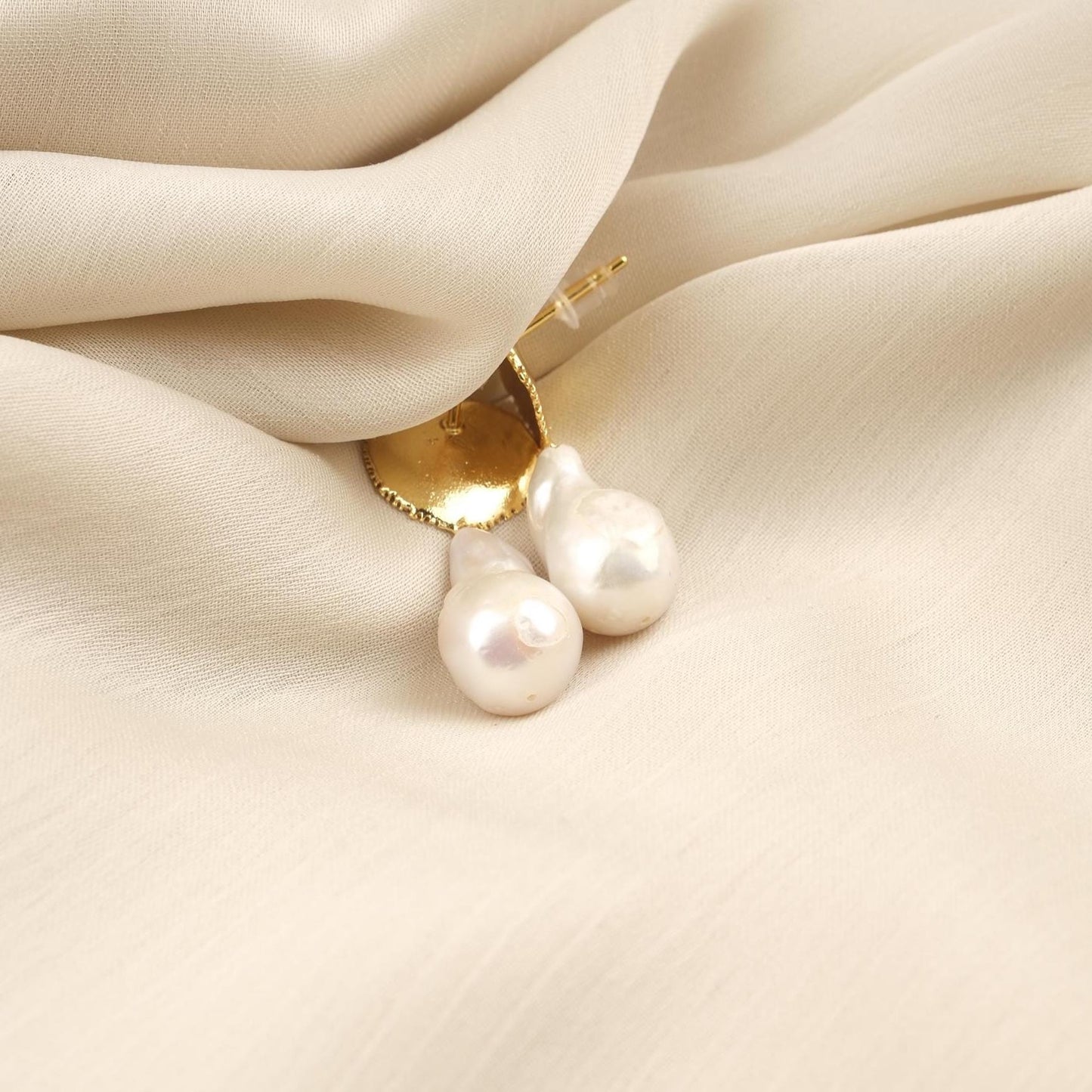 Handmade Genuine Baroque Pearls, Gold Plated Earrings With Antique Looking Design, Vintage Style Statement Studs With Organic Gemstone Charm
