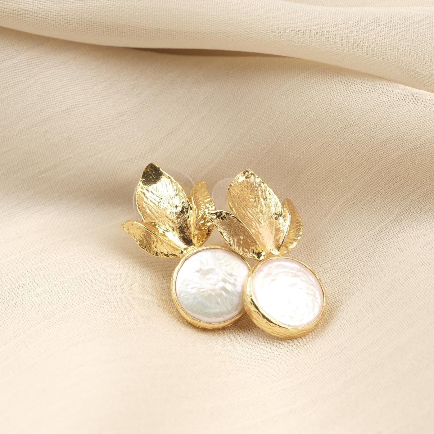 Handmade Genuine Pearl Stud Earrings, Gold Plated Leaf Design, Artistic Nature-Inspired Jewelry for Women, Elegant Lightweight Statement