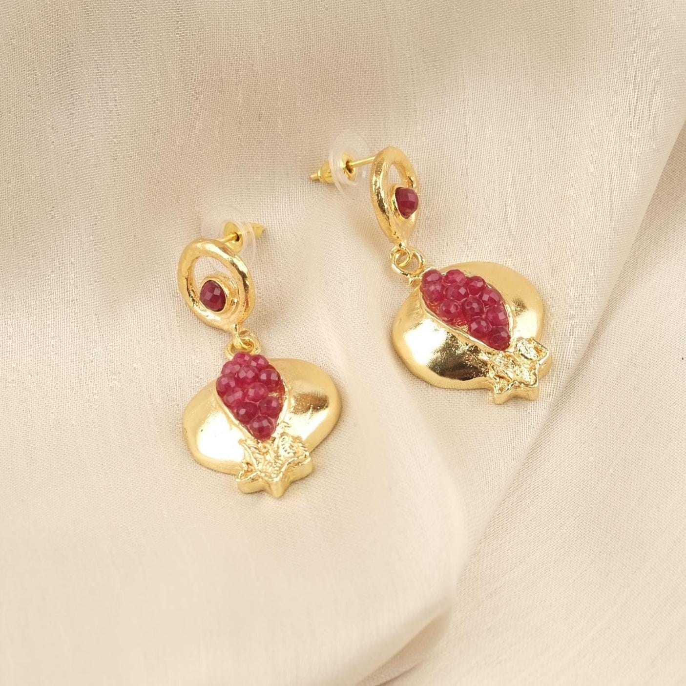 Handmade Genuine Jade Pomegranate Earrings , March Birthstone, Exotic Studs, Elegant And Artistic Statement Jewelry Design Gift