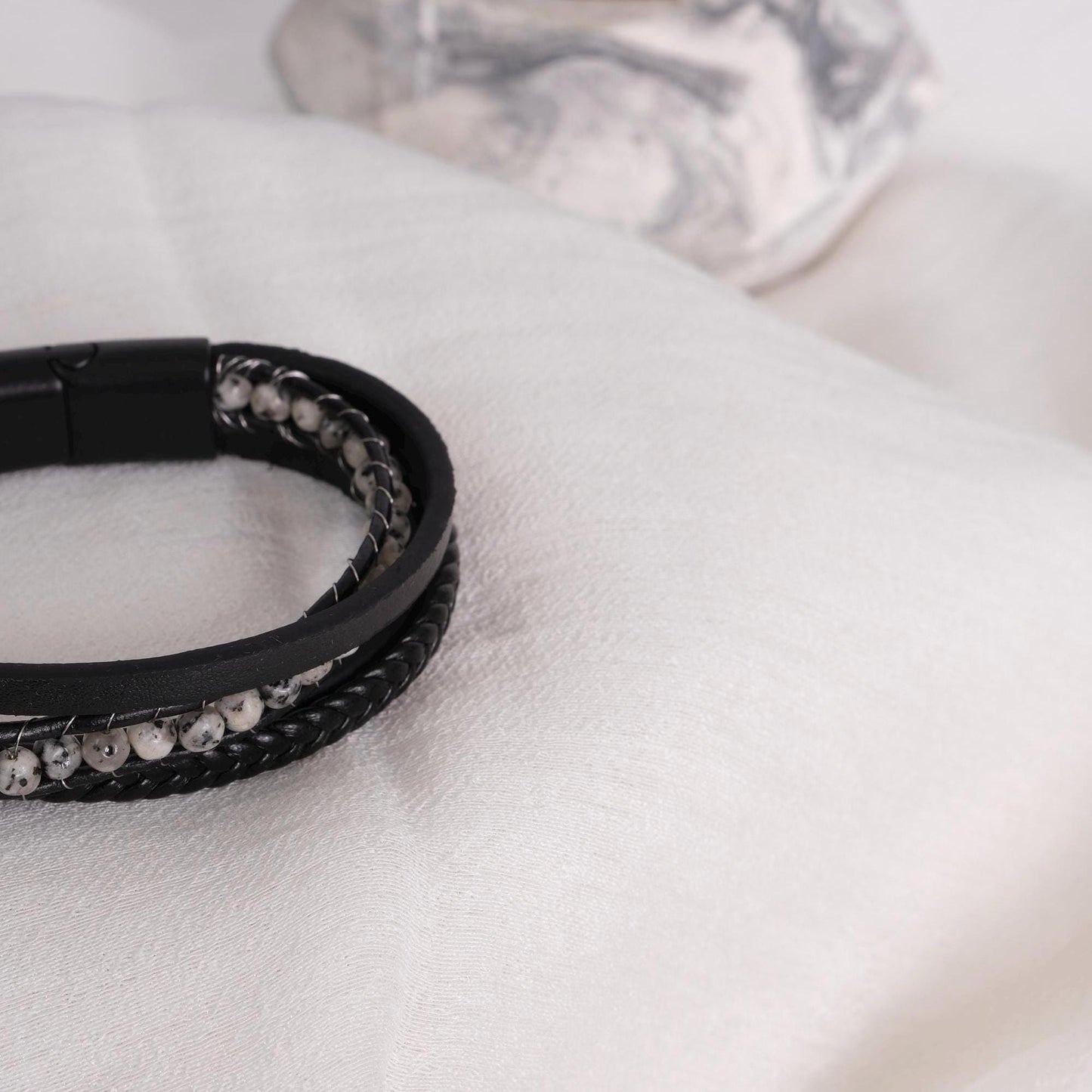 Moonstone & Silver Detailed Men’s Bracelet | 22cm | Genuine Turkish Leather, Stainless Steel, Minimalist Black Design