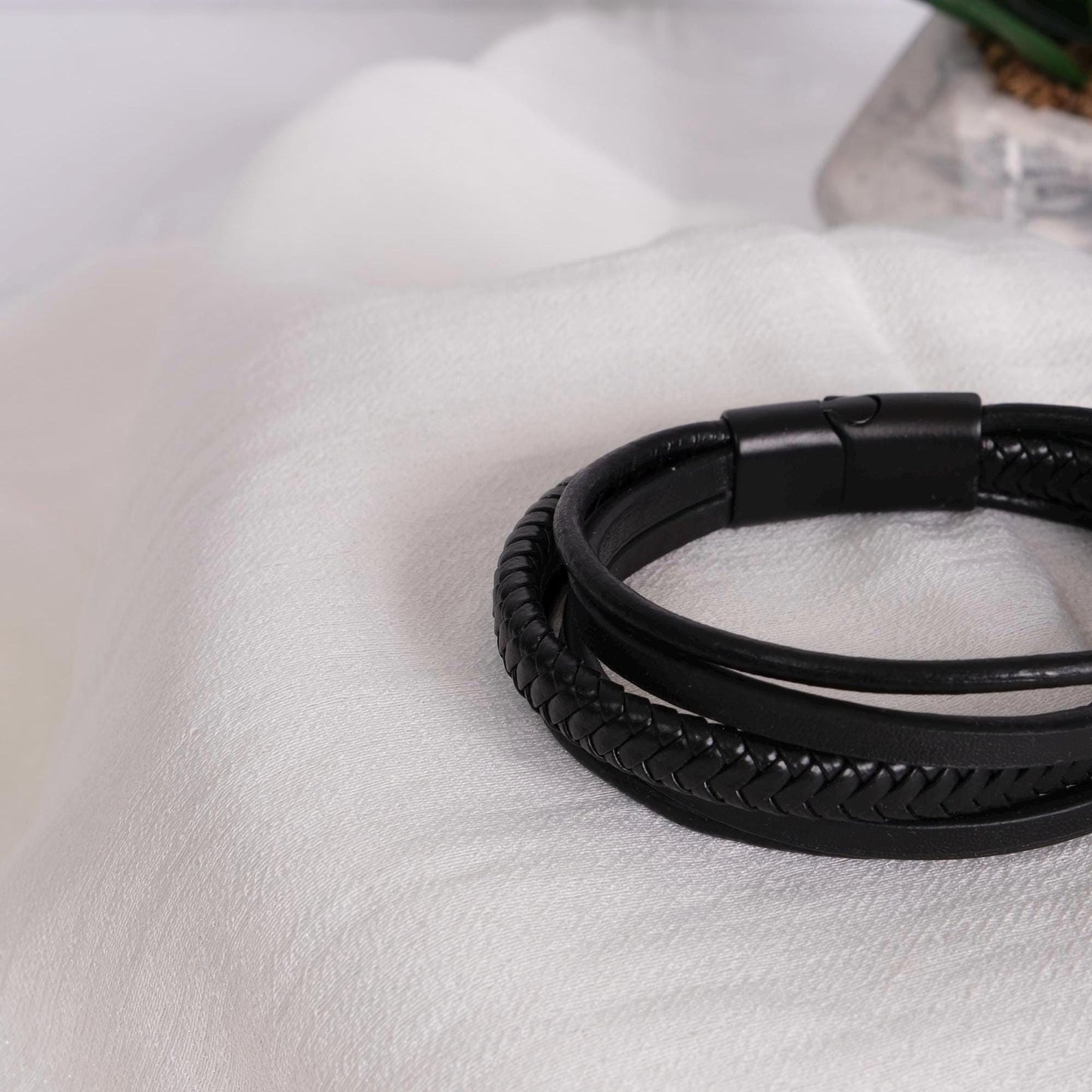 Triple Strand Black Leather Men's Bracelet 22cm – Genuine Leather with Braided, Smooth, and Round Strap Design for Bold Maximalist Style