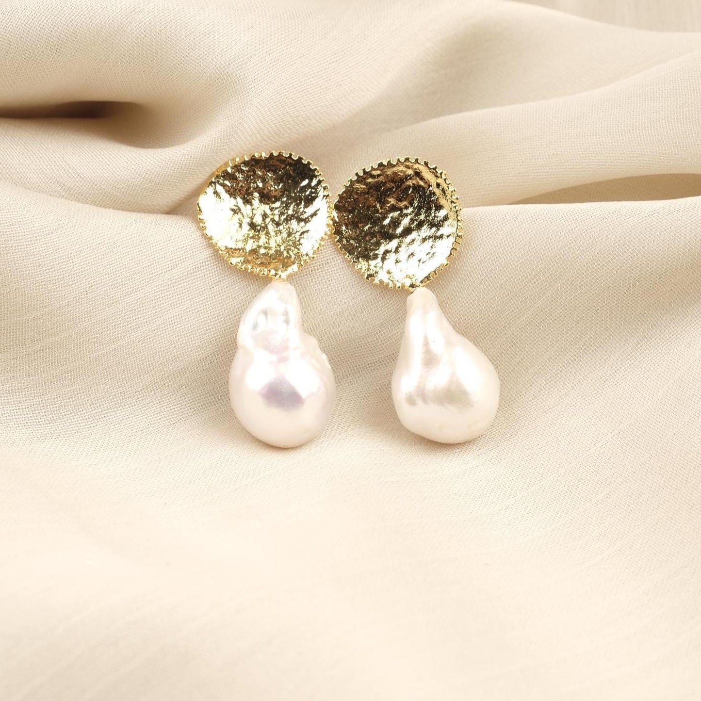 Handmade Genuine Baroque Pearls, Gold Plated Earrings With Antique Looking Design, Vintage Style Statement Studs With Organic Gemstone Charm