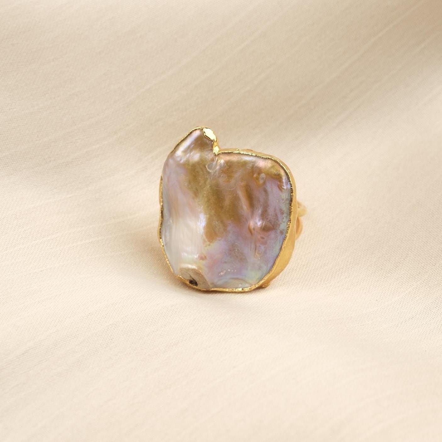 Handmade Genuine Pearl Statement, Antique Looking And Vintage Style Gold Plated Ring With Sculptural Artistic Abstract Design For Women