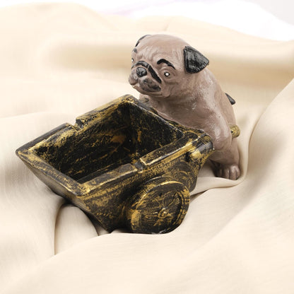 Gray Pug Dog Ashtray in Rustic Cart, Unique Animal Lover Smoking Tray, Handmade Whimsical Gift  Decorative Art Piece, 16x9x12cm