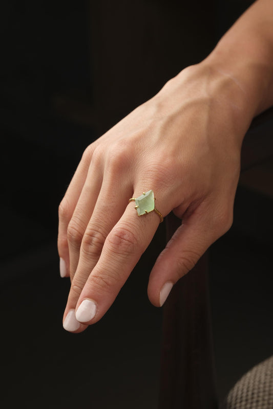 Handmade Diamond Ring, Drop Style Antique Looking And Vintage Style Gold Plated Adjustable , Green Gemstone Elegant Artisan Crafted Ring