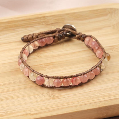 Stone of Love, Quartz & Leather Wrap Bracelet for Men, Adjustable Rose Quartz-Style Beaded Wristband, Gift for Him, 21cm / 8.26in