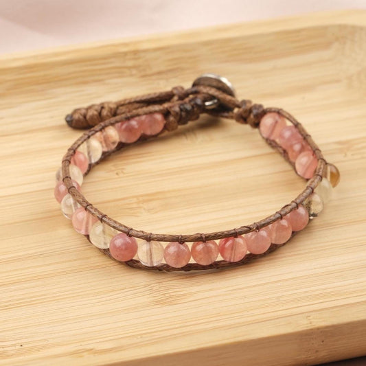 Stone of Love, Quartz & Leather Wrap Bracelet for Men, Adjustable Rose Quartz-Style Beaded Wristband, Gift for Him, 21cm / 8.26in