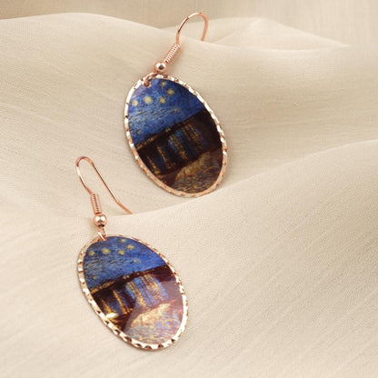 Vincent van Gogh “Starry Night Over the Rhône” Dangle Earrings in Pure Copper, Artistic Design, Handmade Vintage Style, Antique Looking Gift