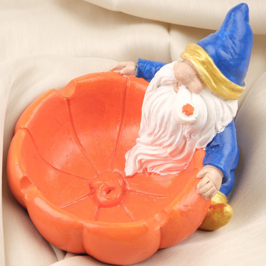 Santa Gnome Ashtray in Orange Pumpkin Bowl, Whimsical Elf Smoking Tray, Handcrafted Fantasy Decor  Unique Gift for Smokers, 11x14x11cm Blue