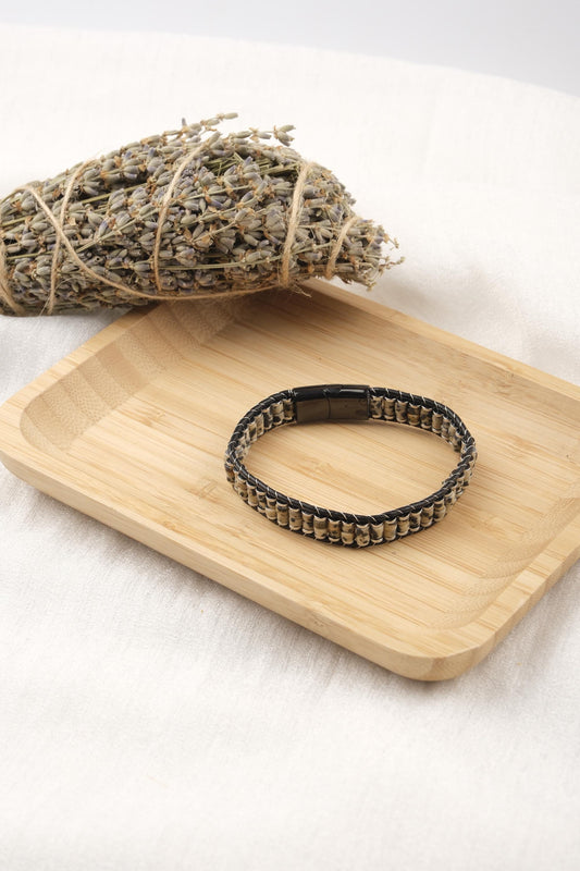 Stone of Joy, Dalmatian Jasper Leather Bracelet for Men, Genuine Gemstone Wristband, Unique Gift for Him or Boyfriend, 8cm, 4in