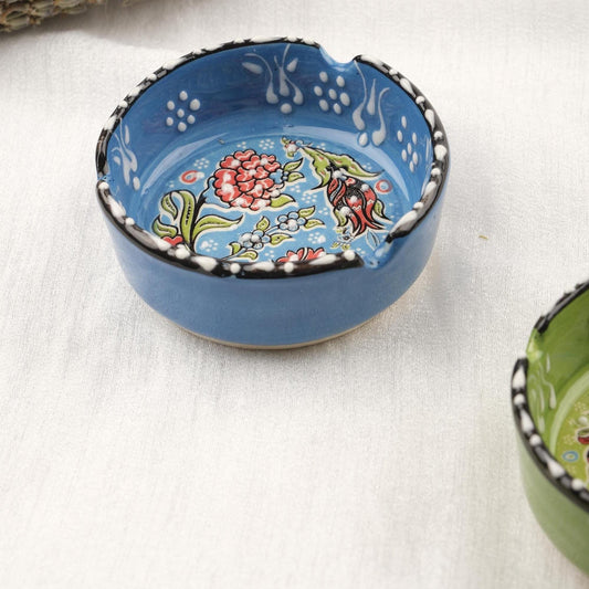 Buy1 Get1 | Green & Blue Ceramic Ashtray with Vintage Lid, Handmade Small Smoking Tray, Elegant Antique Style Decorative Ashtray Gift