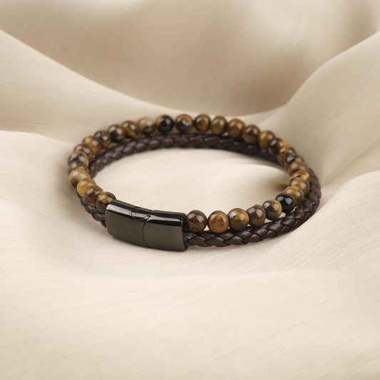 Handmade Minimal Tiger's Eye Gemstone and Genuine Leather Men's Bracelet with Titanium Lock,  Natural Stone Jewelry for Him | 22 cm, 8.66 in