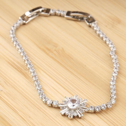 Silver Tennis Bracelet For Women With Flower And Emerald Charm, Romantic Elegant Jewelry Piece For Her, Timeless Bracelet Gift Idea