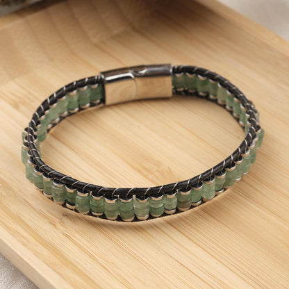 Stone of Opportunity, Green Aventurine & Leather Bracelet for Men, Crystal Bracelet Gift with Hematite, Stylish Wristband