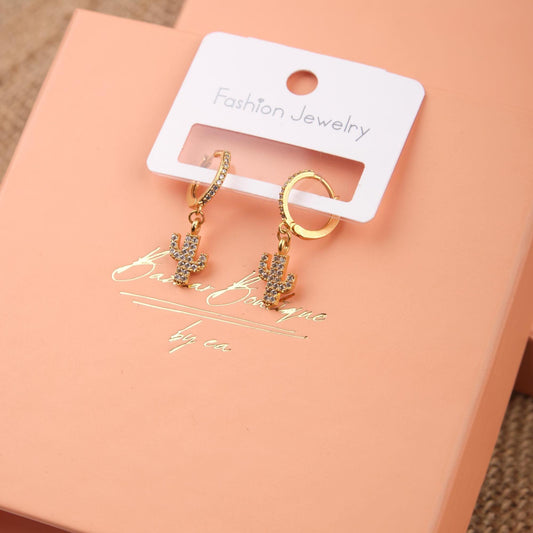 Gold Cactus Hoop Earrings, A Minimal Brass Statement For Free Spirits, Summer Jewelry With Soul, Gentle Gift For Women