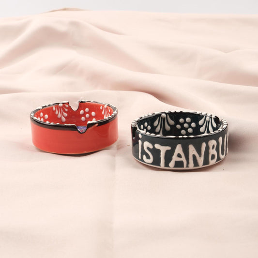 Buy1 Get1 | Handmade, Antique Looking Vintage Style Ashtray in Black & Red with Istanbul Design