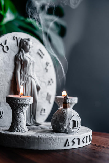 Handcrafted Asteria Incense Burner with Twin Candle Holders, Zodiac Concrete Design, Mystical Spiritual Decor for Meditation and Balance