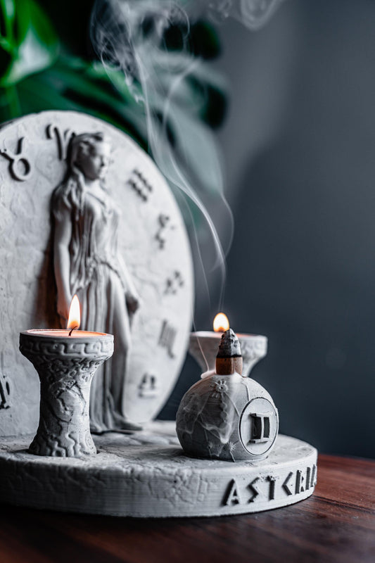 Handcrafted Asteria Incense Burner with Twin Candle Holders, Zodiac Concrete Design, Mystical Spiritual Decor for Meditation and Balance