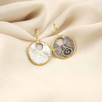 Handmade Abstract Chakra Dangles, Symbol Earrings, Dual Tone Gold Plated Bohemian Jewelry, Unique Artistic Design With Spiritual Symbolism