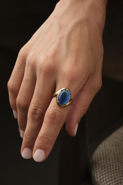 Protect the Aura | Handmade Blue Cat's Eye Ring, Antique Looking And Vintage Style Adjustable Ring, Gemstone Artistic Diamond Ring Gift June