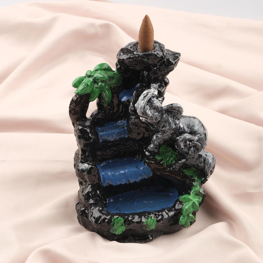 Mini Island with Elephant Waterfall Backflow Incense Burner, 17 cm / 6.7 in | Nature-Inspired Resin Smoke Fountain, Meditation Gift