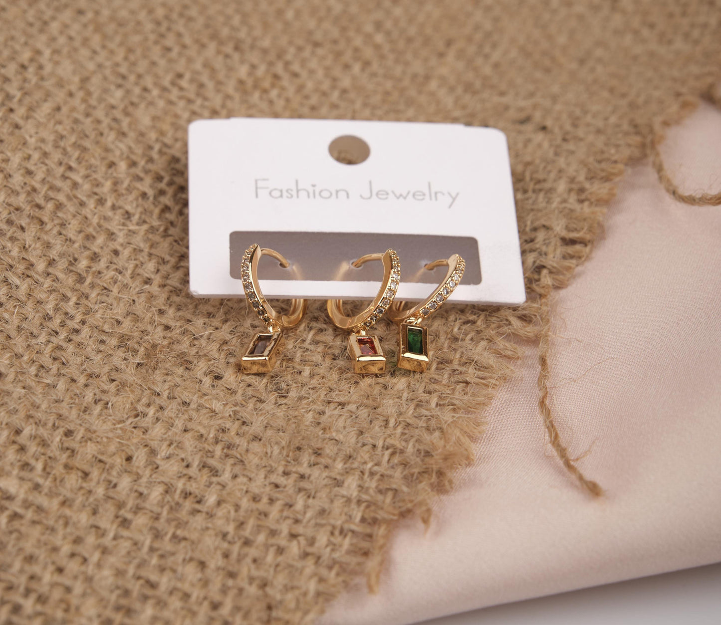 Gold Rectangle Emerald Earrings Set, Buy 1 Get 1 Bundle Of 6, Minimalist Hypoallergenic Jewelry For Women, Made In Brass