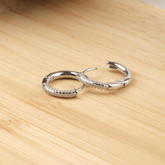Silver Plated Hoop Earrings With Diamond Accents, Elegant Sparkling Hoops For Women, Timeless Jewelry Gift For Her, Emerald Stone Earrings
