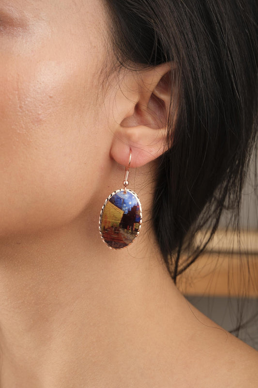 Vincent van Gogh “Café Terrace at Night” Dangle Earrings in Pure Copper, Artistic Design | Handmade Vintage Style, Antique Looking Gift