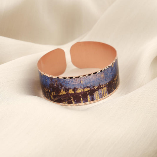 Vincent Van Gogh "Starry Night Over the Rhône" Bracelet, Pure Copper, Handmade Adjustable Artistic Cuff, Antique Looking Vintage Style Gift