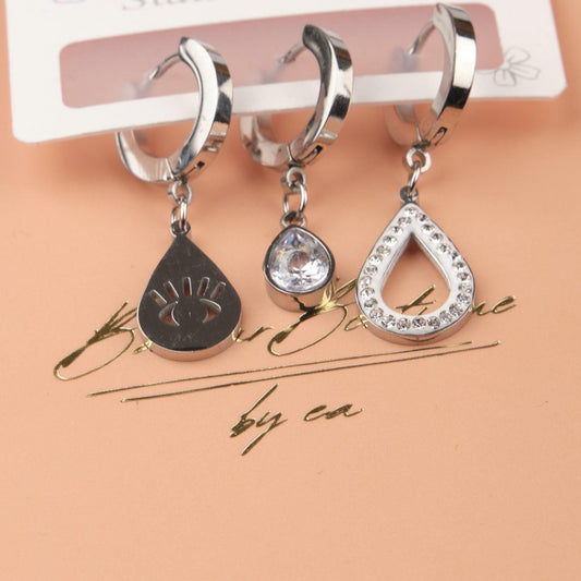Silver Eye, Drop And Diamond Earrings Set Of 6, Refined Hypoallergenic Jewelry For Women, Symbolic Minimalism In Brass