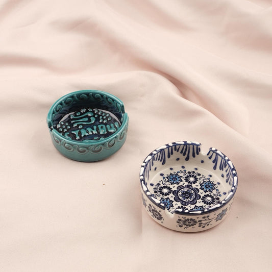 BUY 1 GET 1 Autumn Horizon – Gray & Blue Mandala Ashtray Set of 2, Handmade Anatolian Ceramic, Rustic Boho Decor