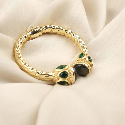 Stone of Leadership & Protection Handmade Historical Malachite Bangle, Antique Looking and Vintage Style Gold Plated Statement Bracelet Gift