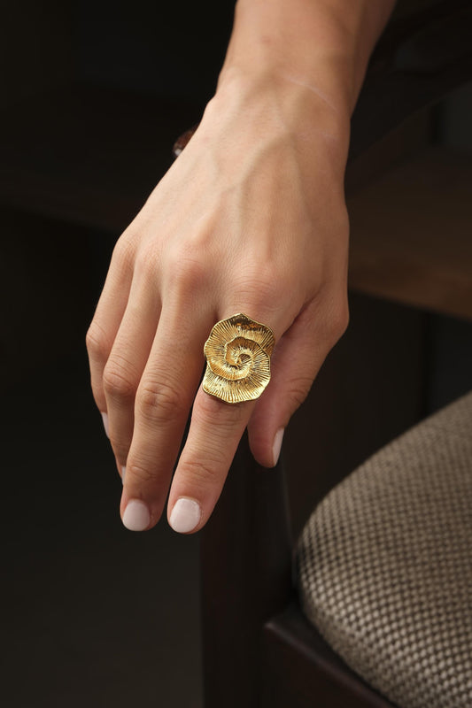 Feel the Movement, Handmade Spiral Bloom Ring, Vintage Style Floral Design, Antique Looking Textured Petal Statement Band | Gold Plated Gift