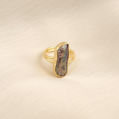 Handmade Black Genuine Pearl Statement, Antique Looking & Vintage Style Gold Plated Ring With Sculptural Artistic Abstract Design For Women