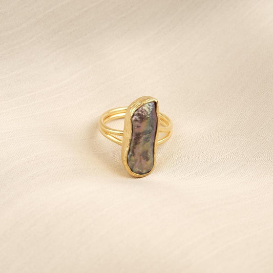 Handmade Black Genuine Pearl Statement, Antique Looking & Vintage Style Gold Plated Ring With Sculptural Artistic Abstract Design For Women