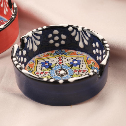 Buy1 Get1 | Antique Ashtray with Vintage Anatolian Paint, Handmade Perfection for Smokers | Ceramic Cigarette Lid in Navy Blue & Red 3.14IN