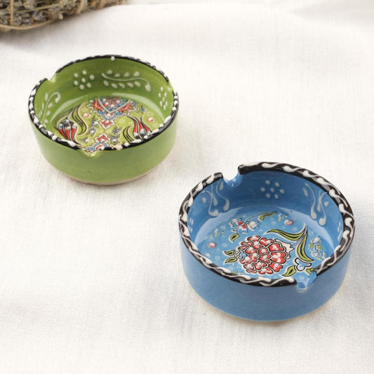Buy1 Get1 | Green & Blue Ceramic Ashtray Set with Vintage Lids, Handmade Small Smoking Trays, Elegant Antique Style Decorative Ashtray Gifts