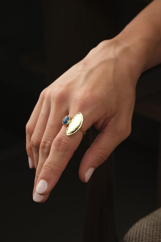 Handmade Classic Artistic Sodalite Gemstone, Antique Looking And Vintage Style Gold Plated Ring With Minimal Sculptural Design Accent