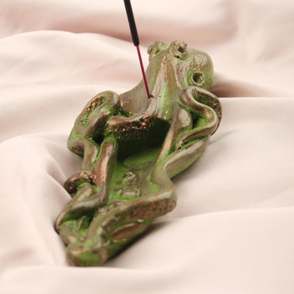 Green Octopus Incense Stick Holder with Ash Lid , 23 cm, 9 in | Unique Sea-Inspired Incense Burner for Meditation & Decor, Incense Burner