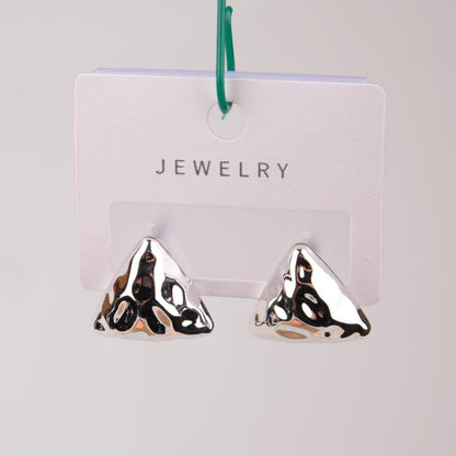 Silver Abstract Pyramid Hoop Earrings, Bold Geometric Jewelry For Women, Modern Hypoallergenic Style In Brass
