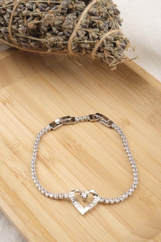 Silver Tennis Bracelet With Heart Charm Elegant Romantic Crystal Tennis Bracelet Hypoallergenic Dainty Adjustable Jewelry Gift For Her