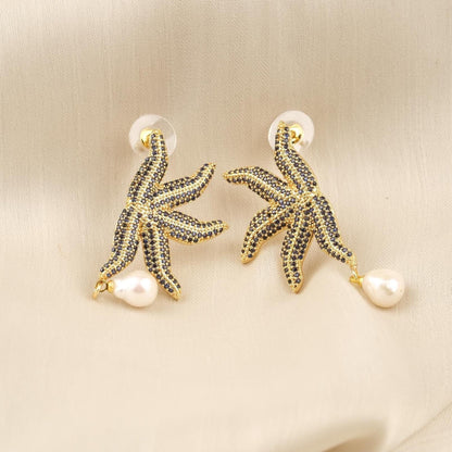 Handmade Real Pearl & Starfish Stud Earrings with Genuine Freshwater Pearl, Light Artistic Ocean-Inspired Design, Elegant Marine Style Gift