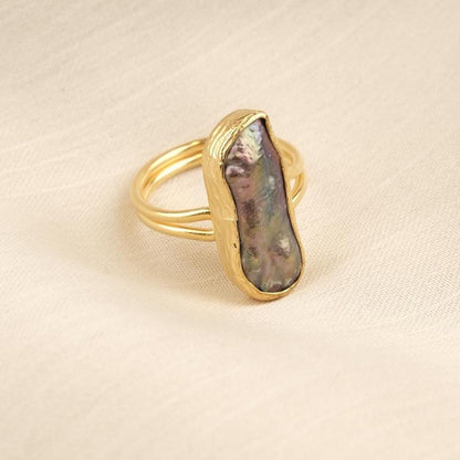 Handmade Black Genuine Pearl Statement, Antique Looking & Vintage Style Gold Plated Ring With Sculptural Artistic Abstract Design For Women