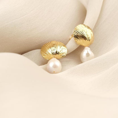 Handmade Genuine Pearl Shell Stud Earrings, Gold Plated Sea-Inspired Design with Real Freshwater Pearls, Elegant Vintage Style Gift Idea