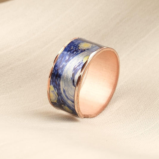 Vincent van Gogh “The Starry Night” Ring in Pure Copper, Adjustable Artistic Design | Handmade Antique Looking Vintage Style Statement Gift