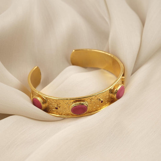 Stone of Passion & Vitality , Handmade Coral Gemstone Bangle in Gold, Antique Looking and Vintage Style Bracelet for Her, Cuff Bangles Gift