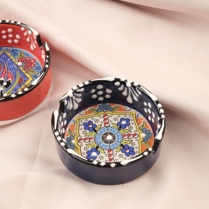 Buy1 Get1 | Antique Ashtray with Vintage Anatolian Paint, Handmade Perfection for Smokers | Ceramic Cigarette Lid in Navy Blue & Red 3.14IN